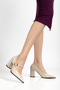 Gold Buckle Black Leather Heeled Women's Shoes Beige - 4