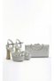 Women's Silver High Platform Thick Heeled Stylish 3-Row Stone Detailed Comfortable Evening Dress Shoes and Bag Set - 2