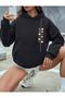 Heart Printed Stylish Hooded Pocket Women's Plain Black Oversize Sweatshirt
