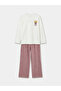 Ecru Crew Neck Printed Girls' Pajama Set - 3
