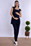 Long Robe Maternity Pajama Set with Breastfeeding Feature Effortt - Navy Blue - 7