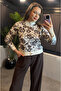 Crew Neck Brown Floral Patterned Mercerized Cardigan - 3