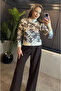 Crew Neck Brown Floral Patterned Mercerized Cardigan - 2