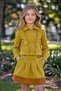 Girl's Striped Detailed Shirt Collar Jacket with Cuffed Waist and Pleated Suede Mustard Skirt Set