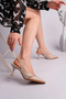 Women's beige slingback pointed-toe heels with buckle detail - 3