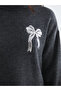 Anthracite Crew Neck Bow Embroidered Women's Knitwear Sweater - 3