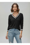Women's Black V-Neck Stripe Detailed Waffle Knitted Blouse - 2