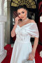 Crepe Fabric Stone Detailed Midi Dress - White - 4