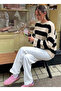 Women's Oversize Knitwear Sweater Stone White Striped, Comfortable and Soft Textured 3989 - 4