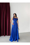 Cobalt Blue Floral Embroidered Thin Strap Evening Dress - 3