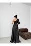 Black One Shoulder Floral Detailed Long Satin Evening Dress - 5