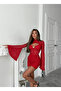 Women's Buckled Ruched Hem Open Back Glittery Lace Mini Dress - 2