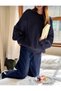 Women's Navy Blue Thessaloniki Knitted Crew Neck Oversize Balloon Sleeve Knitwear Sweater - 5