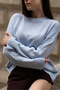 Women's Blue Crew Neck Balloon Sleeve Oversize Knitwear Sweater