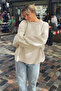 Women's Ecru Crew Neck Balloon Sleeve Oversize Knitwear Sweater