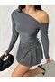Women's Gray One-Shoulder Open Long Sleeve Sandy Fabric Knitted Blouse - 4