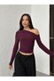 Women's Plum One-Shoulder Open Long Sleeve Sandy Fabric Knitted Blouse - 8