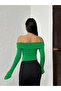 Women's Green Asymmetrical Cut Asymmetrical Sleeve Sandy Fabric Madonna Collar Blouse - 5