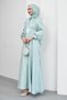 Mint Green Bow Collar Balloon Sleeve Evening Dress with Stone Detail at the Waist - 3