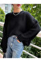 Women's Black Crew Neck Long Sleeve Off Shoulder Oversize Thessaloniki Knit Sweater - 5