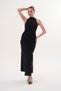 Women's Black Halter Neck Sleeveless Draped Waist Detailed Deep Slit Long Dress - 5