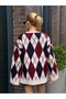 Crew Neck Diamond Patterned Slit Fleece-Lined (Feathered) Women's Oversized Sweater - 3