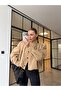 Stand-Up Collar Padded Crop Trench Coat with Elastic Waist - 4
