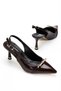 Women's Brown Patent Leather Pointed Toe Stone Detailed Heeled Shoes - 3