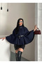 Women's Gold Button Detailed Belted Standard Size Oversize Trend Short Poncho 4837 - 4