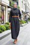 Women's Belted Buttoned Black Denim Hijab Dress - 3