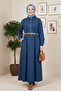 Women's Belted Buttoned Dark Blue Denim Hijab Dress - 3