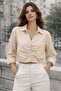 Women's Beige Front Draped Wide Cuff Crop Shirt