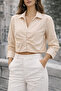 Women's Beige Front Draped Wide Cuff Crop Shirt - 2