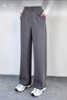 Women's Gray High Waist Velcro Pleated Wide Leg Crepe Fabric Trousers with Pockets - 3