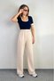 Women's Stone Color High Waist Velcro Pleated Wide Leg Crepe Fabric Trousers with Pockets - 7