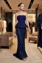 Women's Navy Blue Slim Fit Strapless Neck Sequined Long Evening Dress - 5