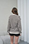 Women's Cream-Brown Striped Half-Zip Waffle Knitted Oversize Sweatshirt - 7