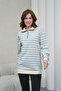 Women's Cream-Blue Striped Half-Zip Waffle Knitted Oversize Sweatshirt