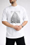 Men's V-Shaped Stripe and Building Image Printed Crew Neck White T-Shirt - 2