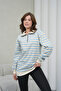 Women's Cream-Blue Striped Half-Zip Waffle Knitted Oversize Sweatshirt - 4
