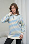 Women's Cream-Blue Striped Half-Zip Waffle Knitted Oversize Sweatshirt - 6