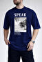Men's Modern Summer Themed Speak Text Printed Crew Neck Navy Blue T-Shirt - 3