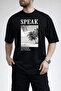 Men's Modern Summer Themed Speak Text Printed Crew Neck Black T-Shirt - 3