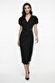 Women's Black Double-Breasted Collar Accessory Detail Midi Event Dress