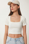 Square Neck Crop Knitted Blouse Lex0005 Ecru - 3