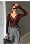 Women's Brown V-Neck Lace in Sheer Blouse - 3
