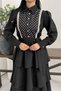 Women's Black Shirt Collar Lace Detailed Layered Design Dress