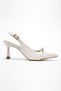 Women's Beige Patent Leather Pointed Toe Stone Detailed Heeled Shoes - 2