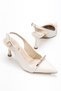 Women's Beige Patent Leather Pointed Toe Stone Detailed Heeled Shoes - 3