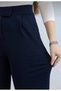 Women's Navy Blue High Waist Pleated Wide Leg Palazzo Trousers with Pockets and Velcro Closure at the Waist - 2
